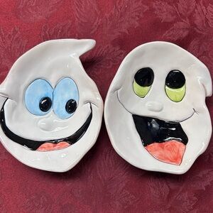 Ghost Face Ceramic Nut Treat Candy Dish Whimsical Face‎ Halloween Lot Of 2